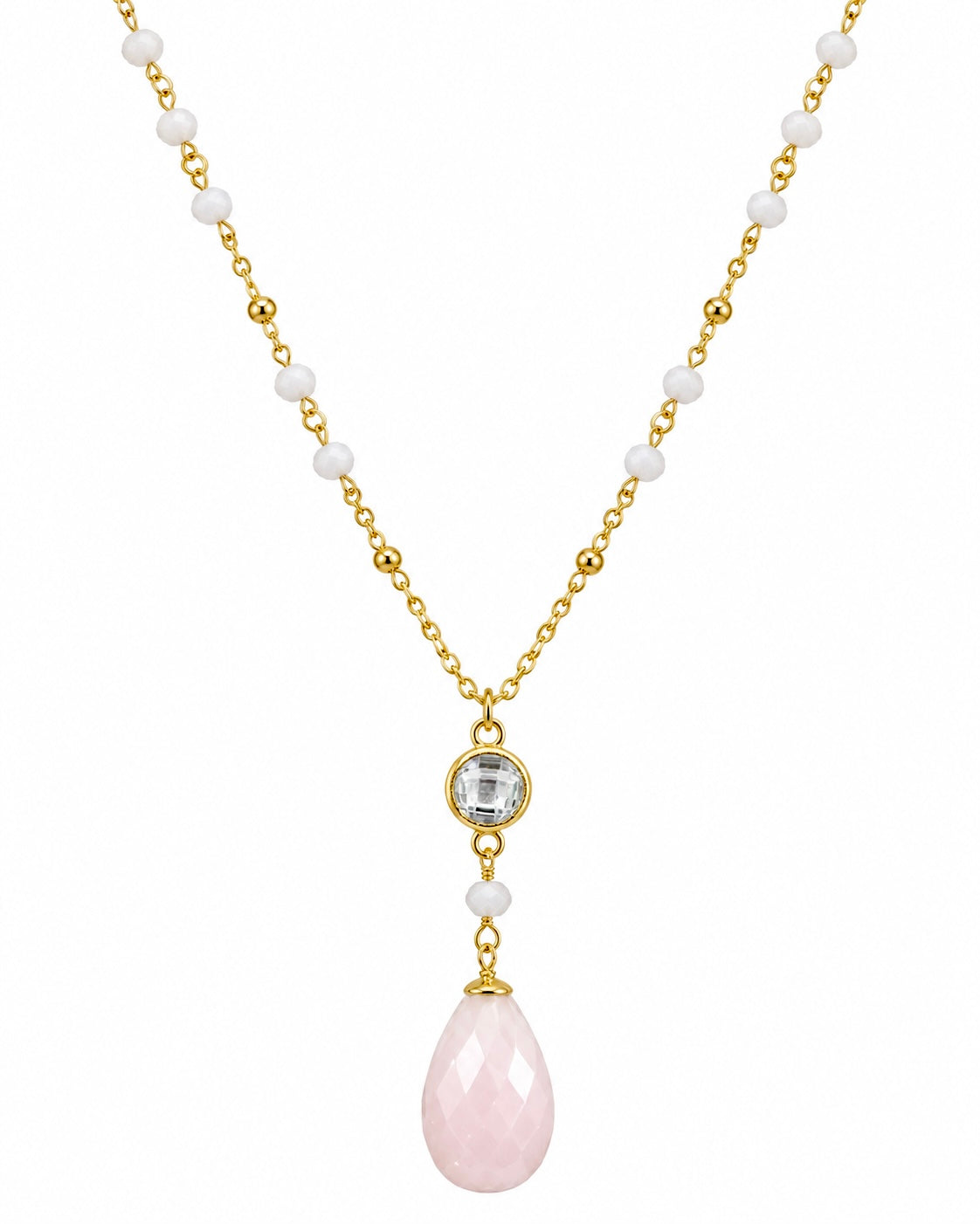 Colar Pedras Cor de Rosa em Prata Dourada 93cm