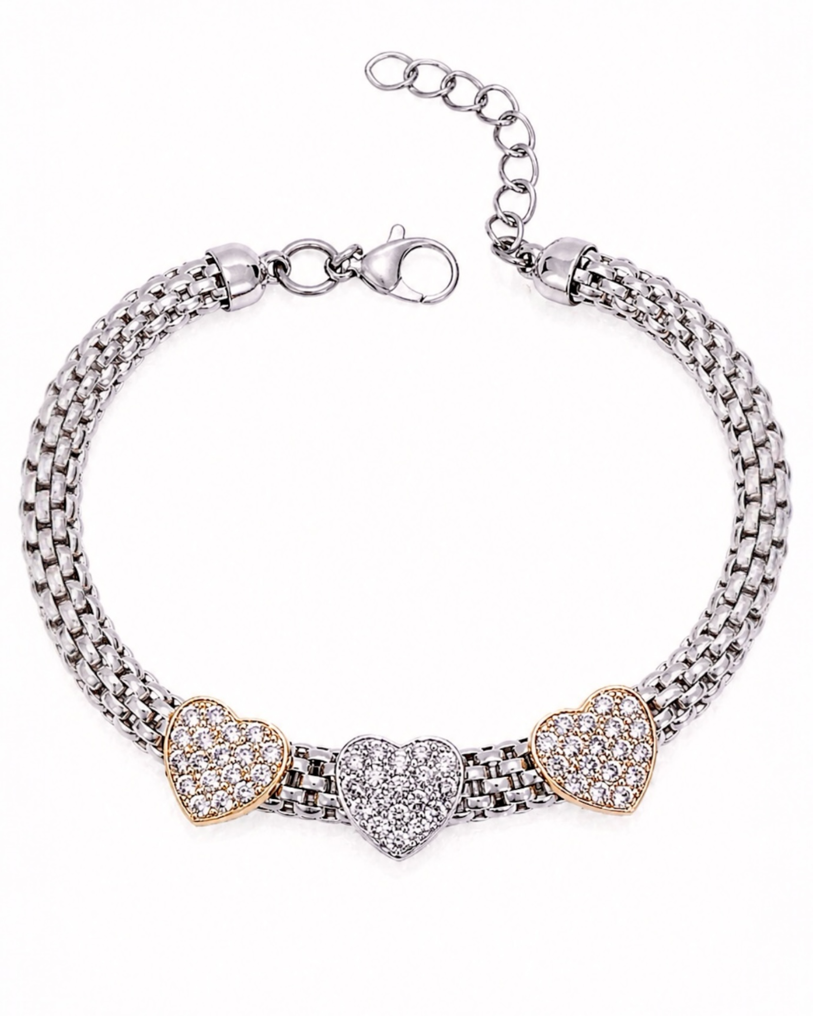 Pulseira em Prata com Corações em Prata Branca, Rosa e Dourada