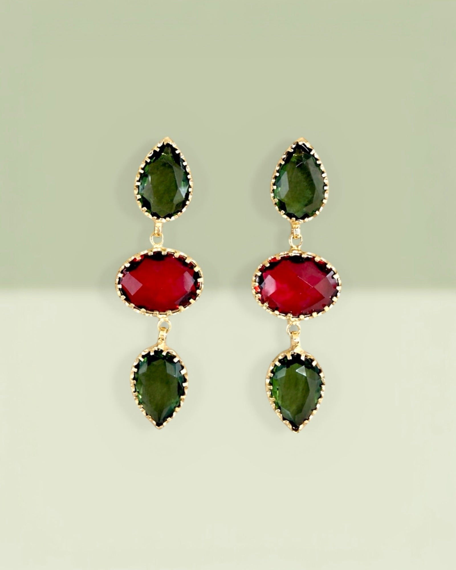 Green and Red Teardrop Earrings in Gold-Plated Silver