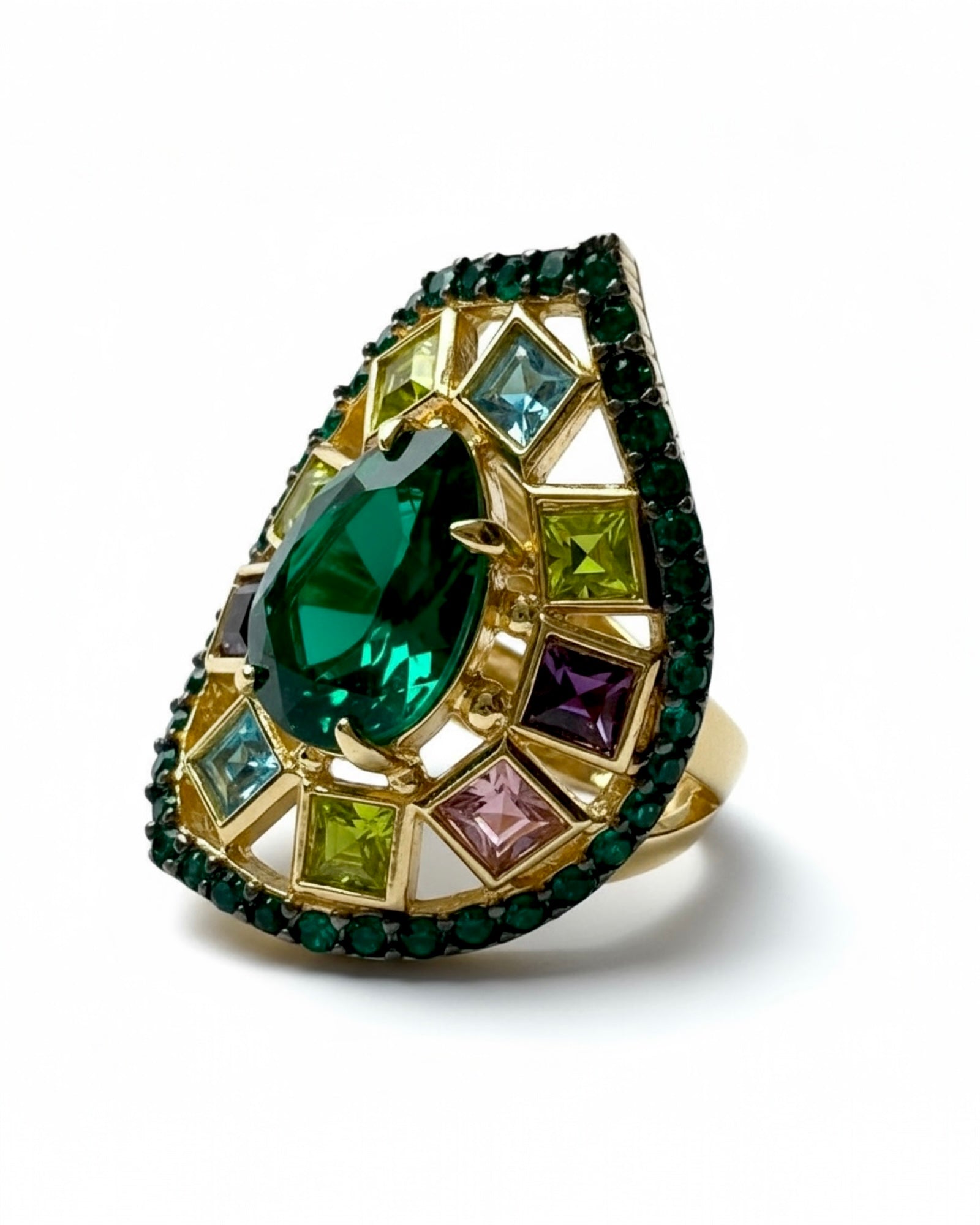 Anel Gota Pedras Verdes e Rosas em Prata Dourada