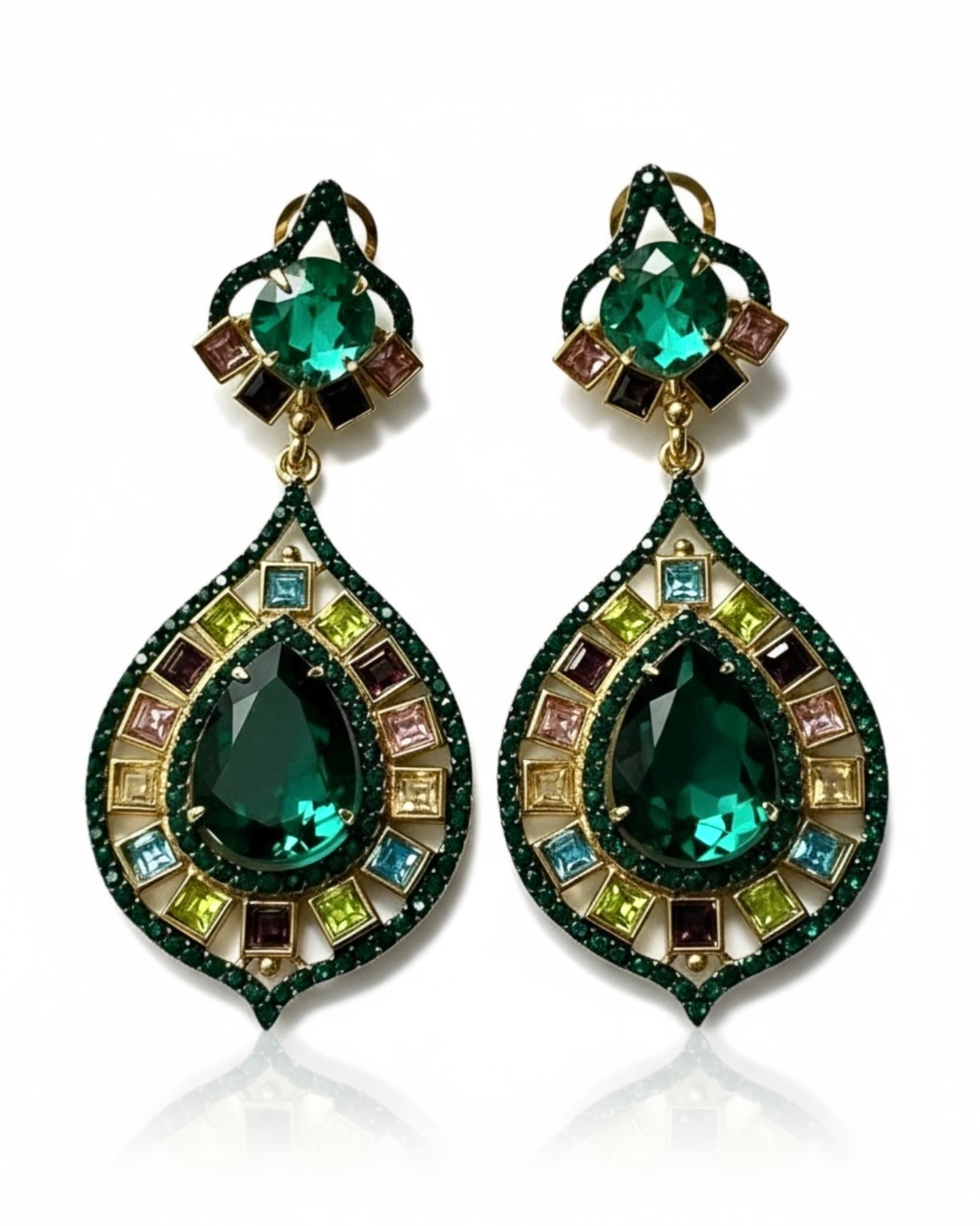 Drop Earrings with Pink and Green Stones in Gold-Plated Silver