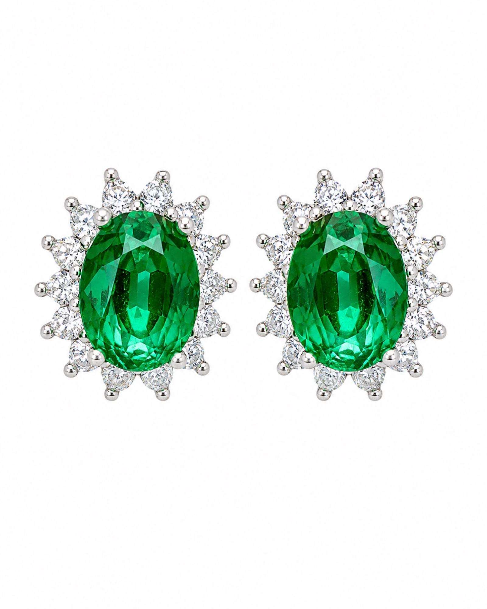 Brincos Lady Di em Prata Branca com Pedra Verde