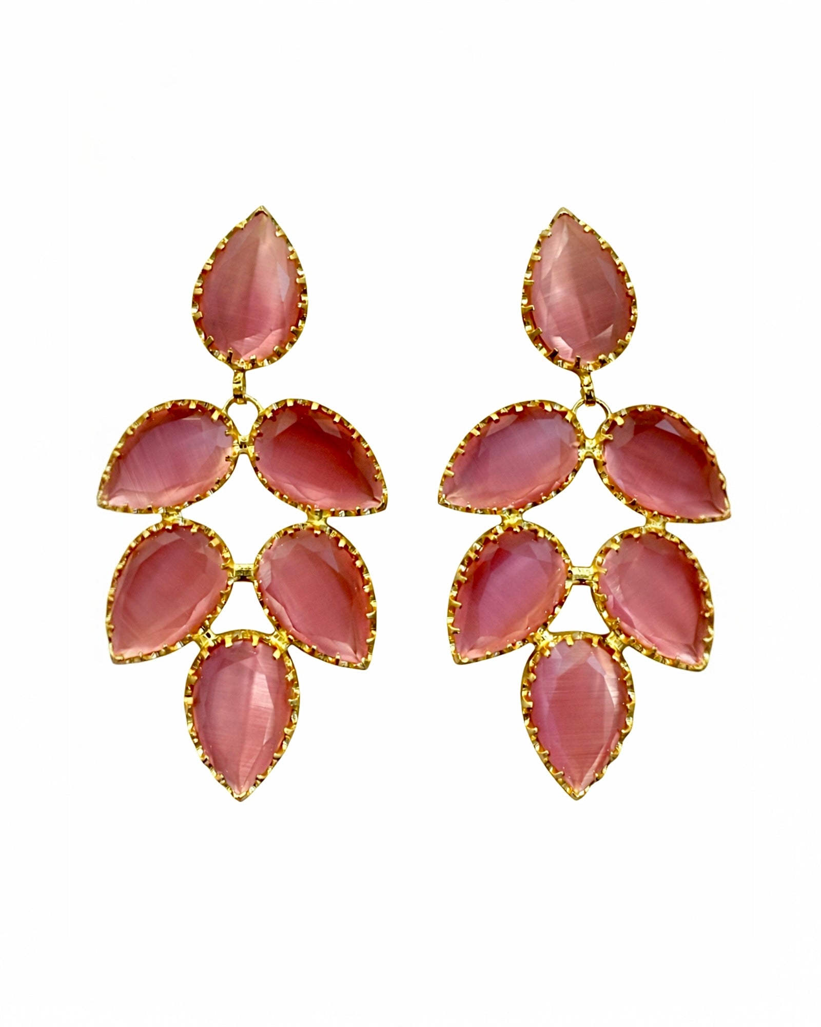 Brincos Gotas Cor-de-Rosa em Prata Dourada