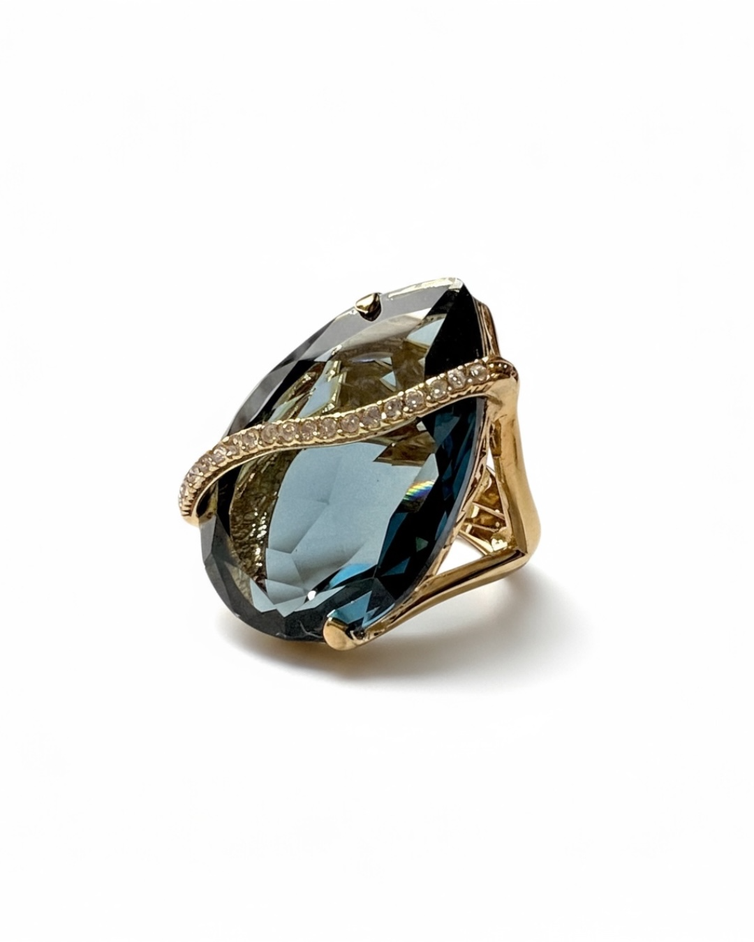 Anel Gota Azul em Prata Dourada