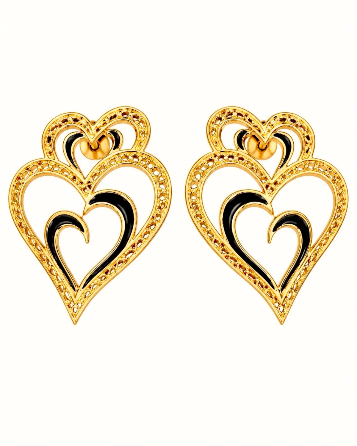 Viana Heart Earrings are Love with Black Enamel in Gold-Plated Silver