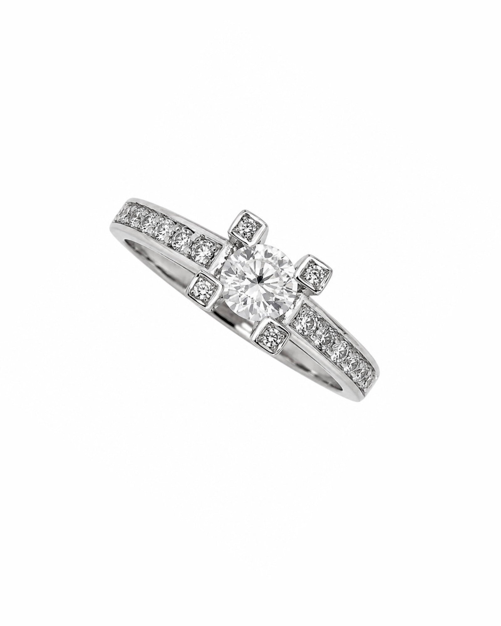 Solitaire engagement ring in white and yellow gold.