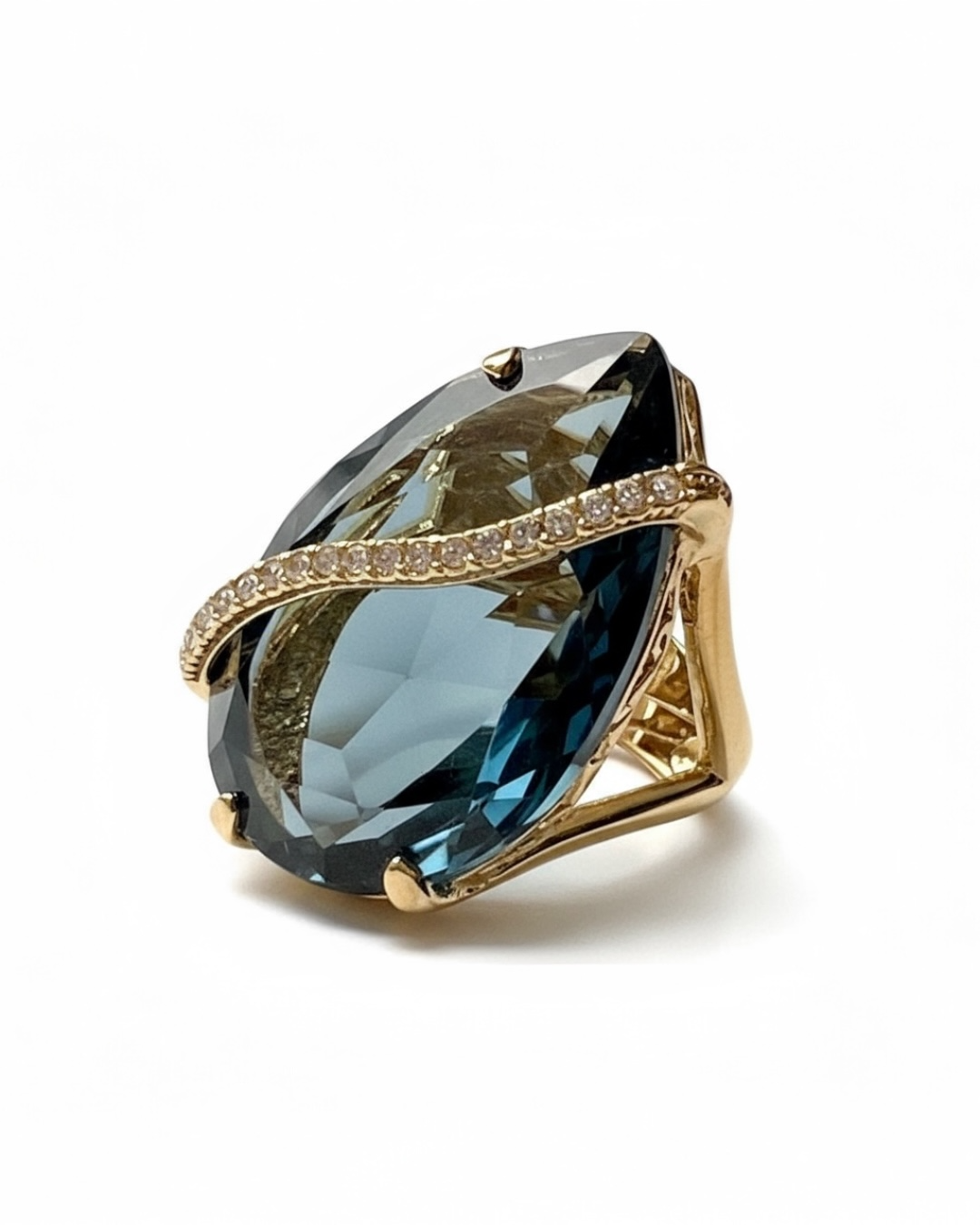 Anel Gota Azul em Prata Dourada