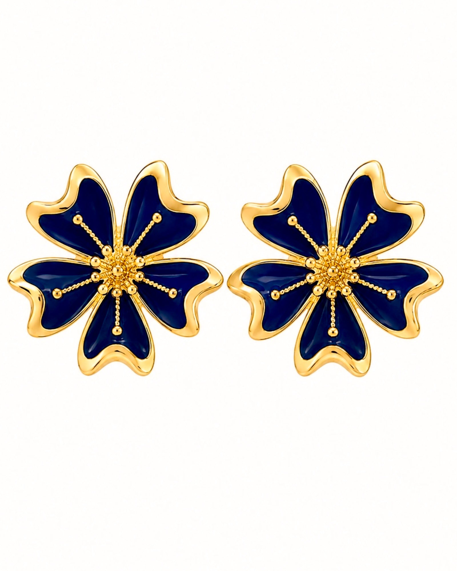 Brincos Flores com Esmalte Azuis em Prata Dourada