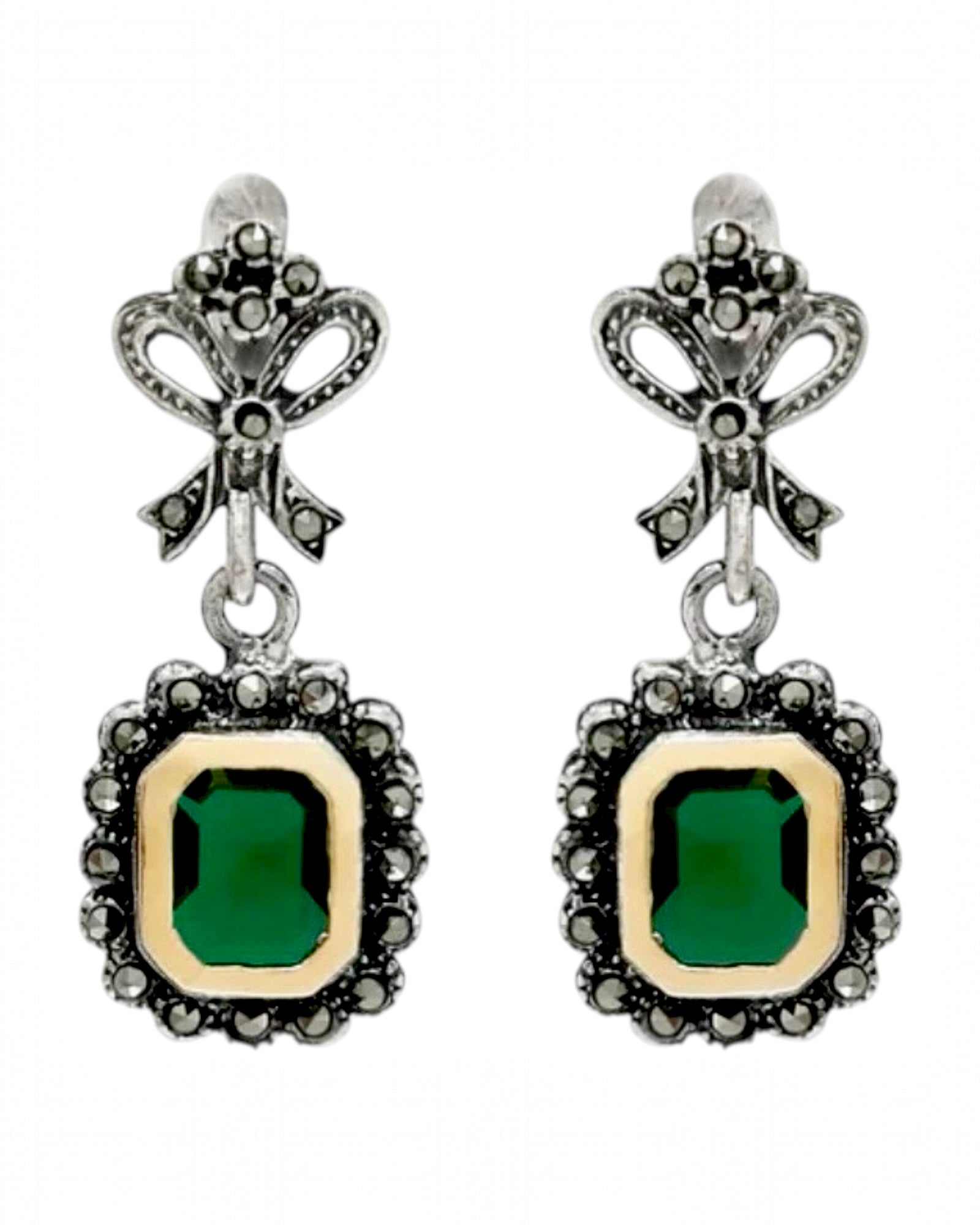 Brincos de Marcassites em Prata e Ouro e Pedra Verde