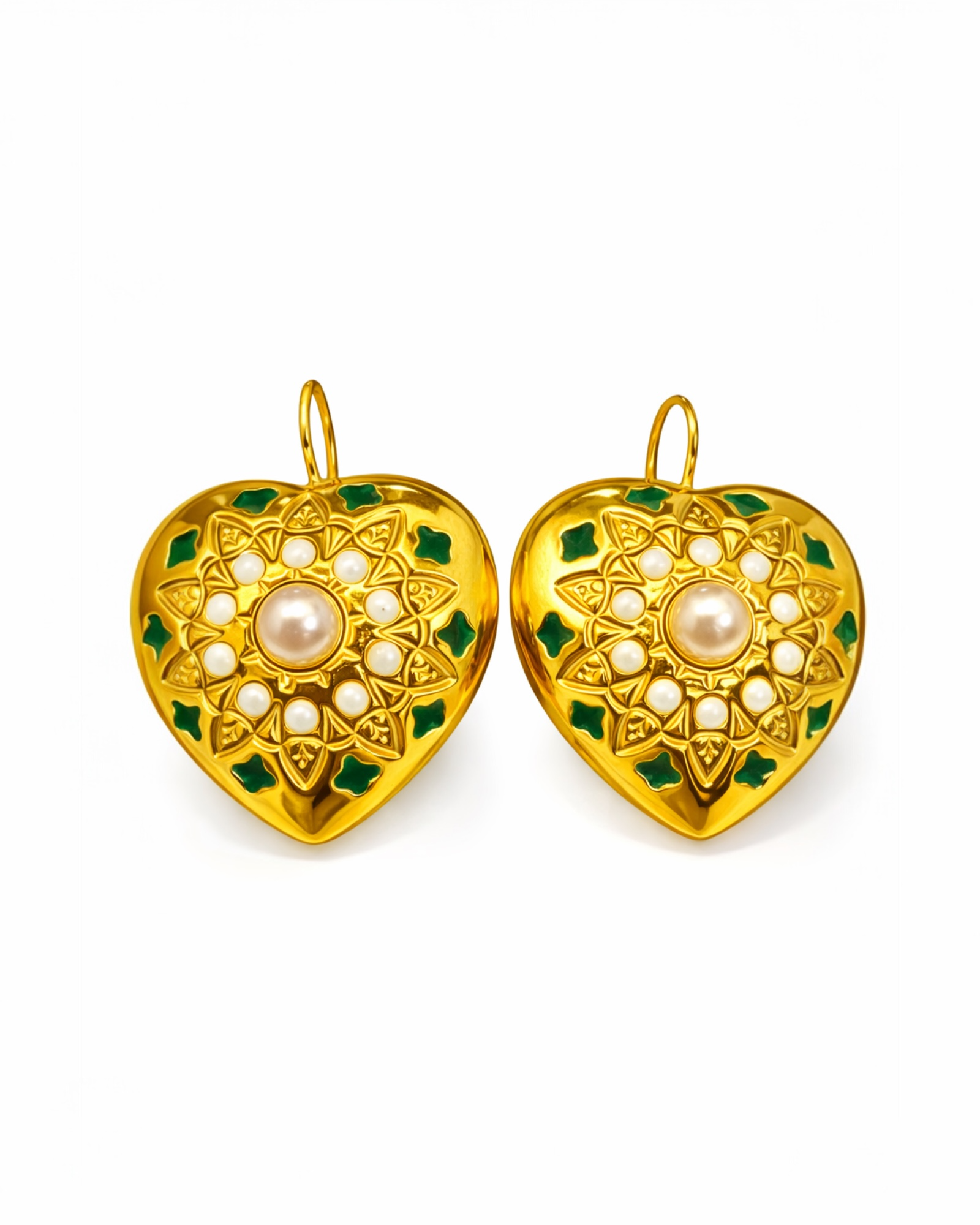 Green Heart Earrings with Pearl in Gold-Plated Silver