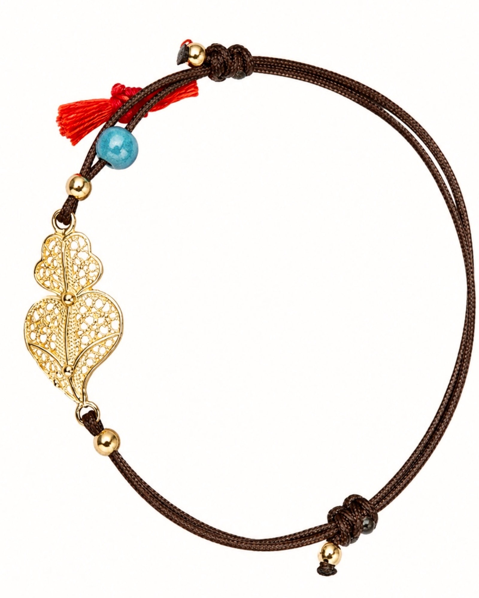 Pulseira de Seda Castanha com Coração de Viana em Prata Dourada