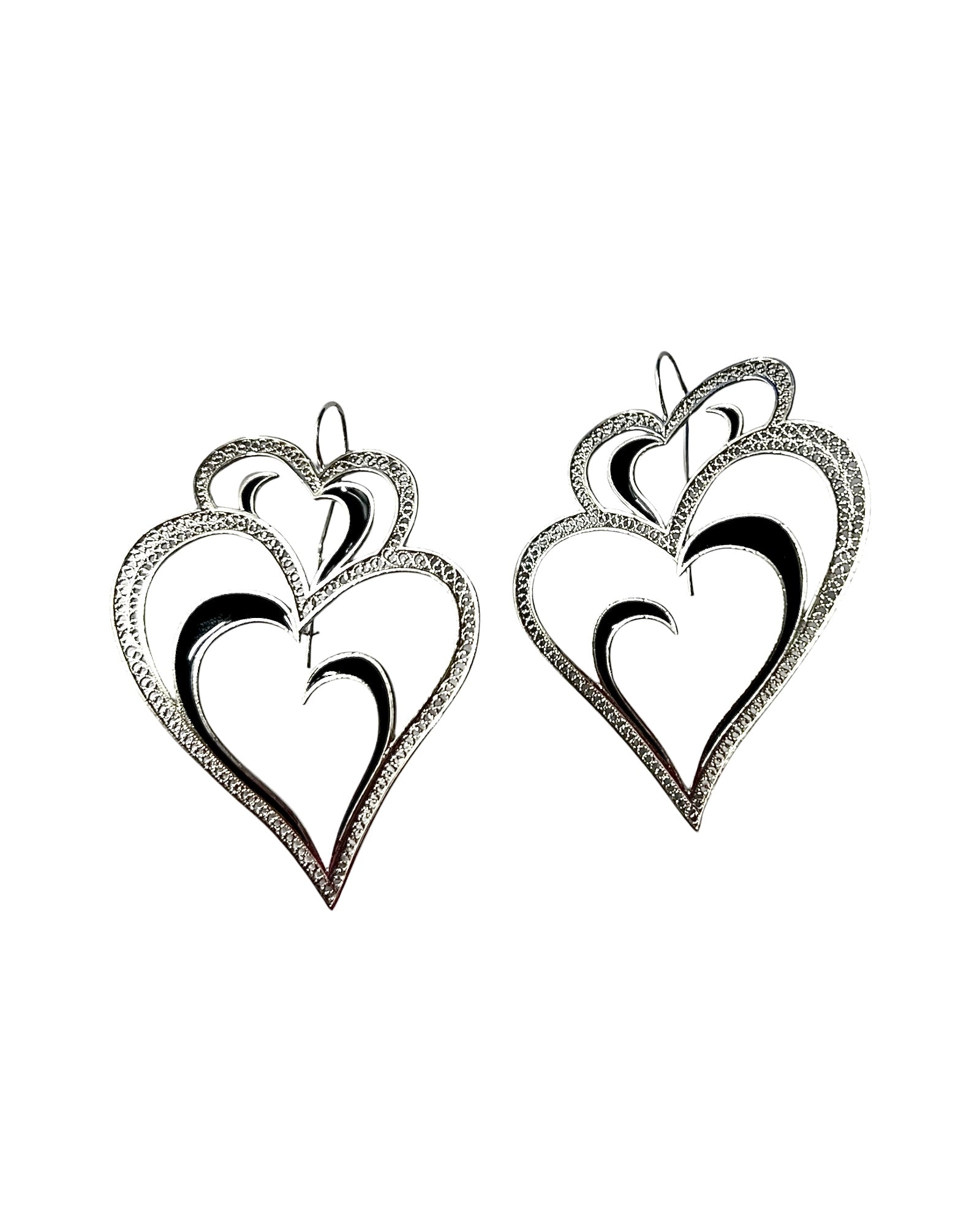 Viana is Love Heart Earrings with Black Enamel on Silver