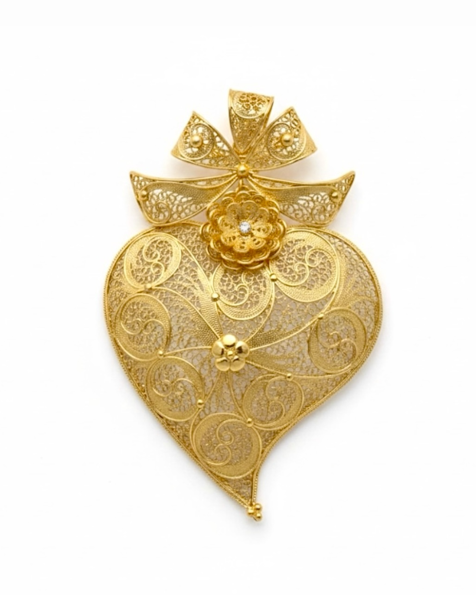 Medalha Coração de Viana com Laço em Prata Dourada - 8cm