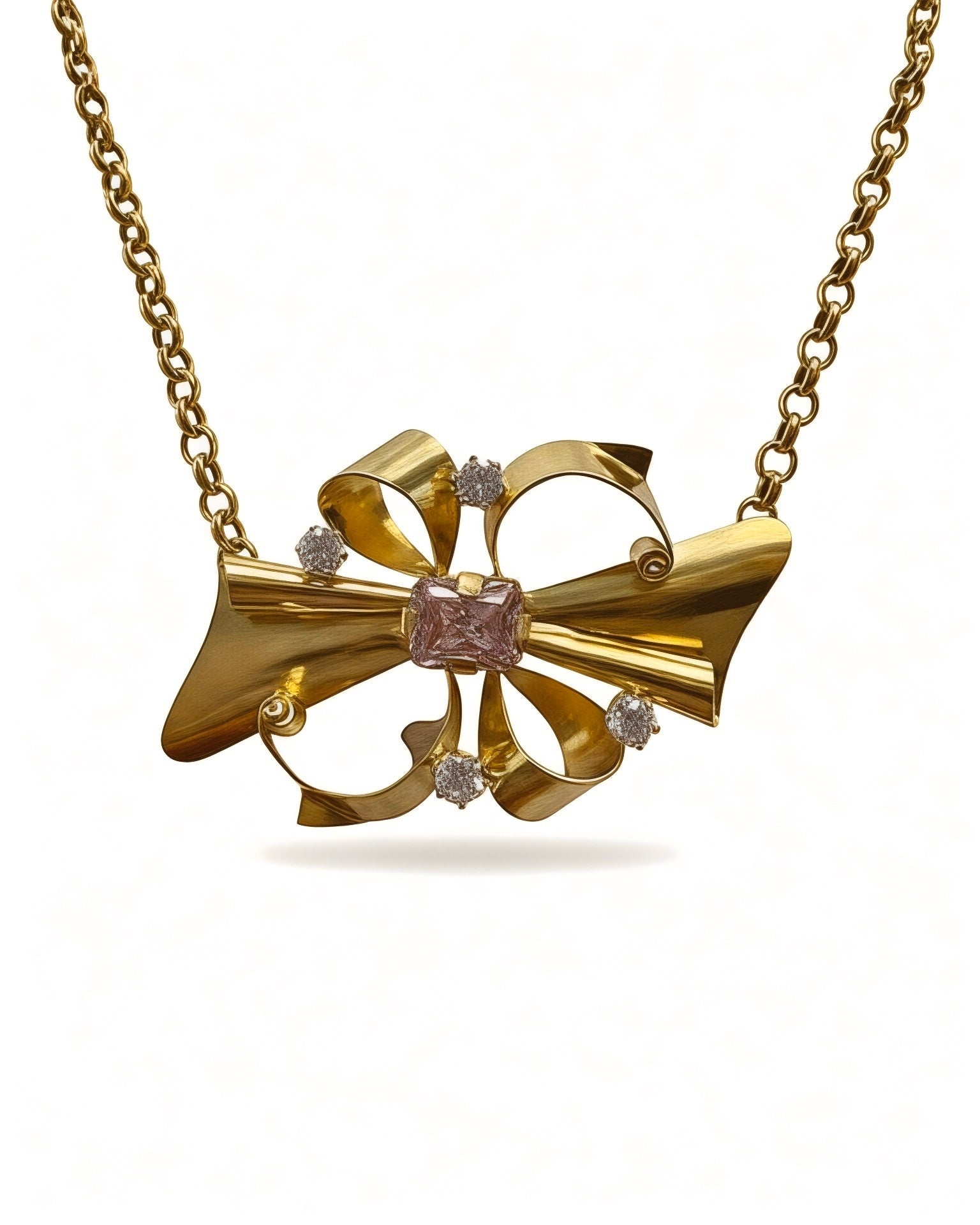 Colar Barroco com Pedra Rosa em Prata Dourada