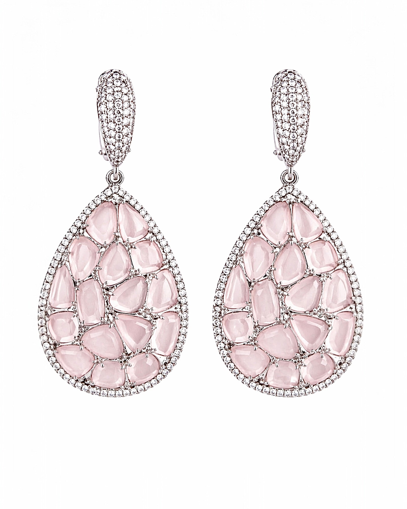 Brincos Gotas Rosa em Prata