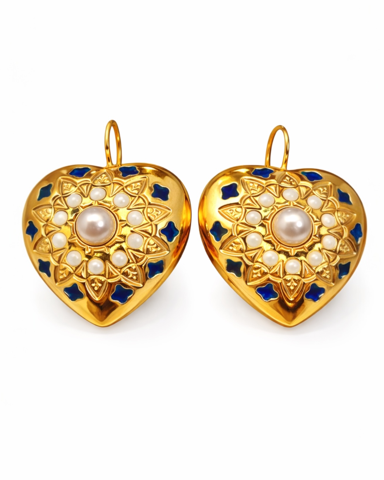 Blue Heart Earrings with Pearl in Gold-Plated Silver