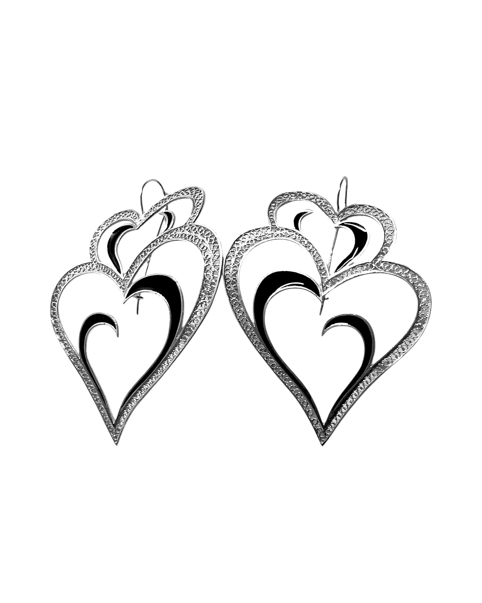 Viana is Love Heart Earrings with Black Enamel on Silver