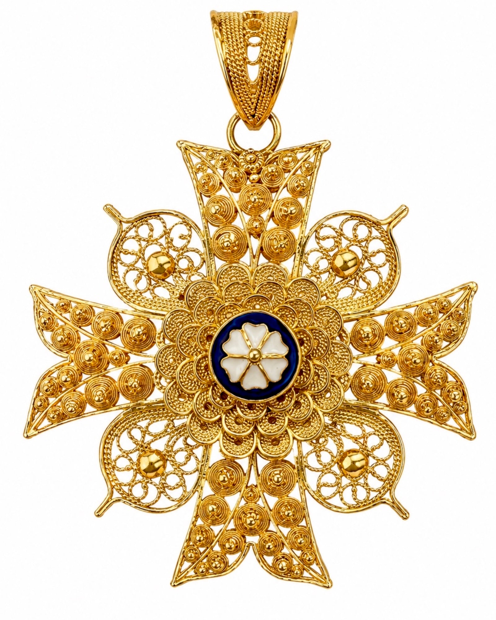 Filigree Maltese Cross Medal in Gilded Silver with Blue and White Enamel