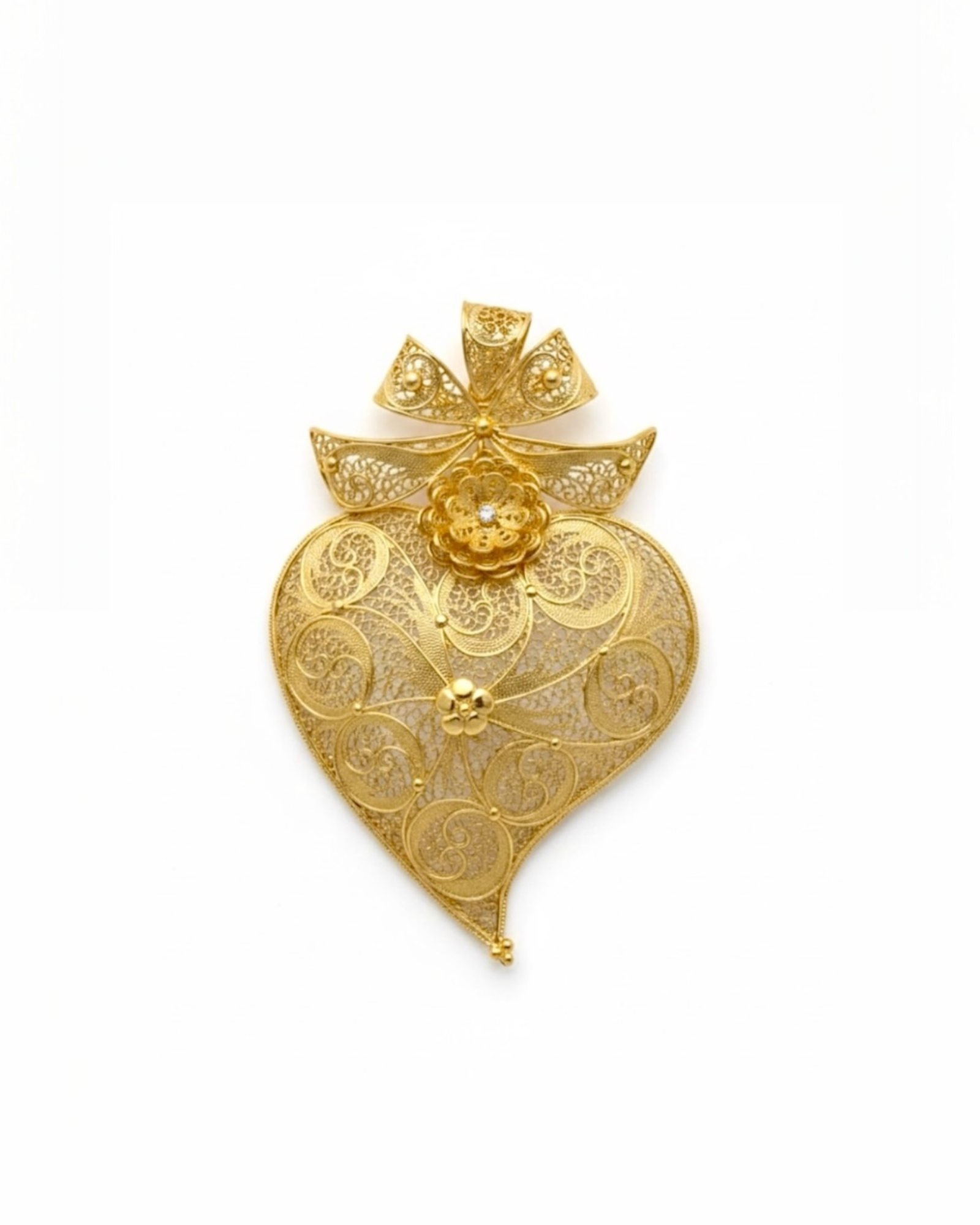 Medalha Coração de Viana com Laço em Prata Dourada - 6.5cm