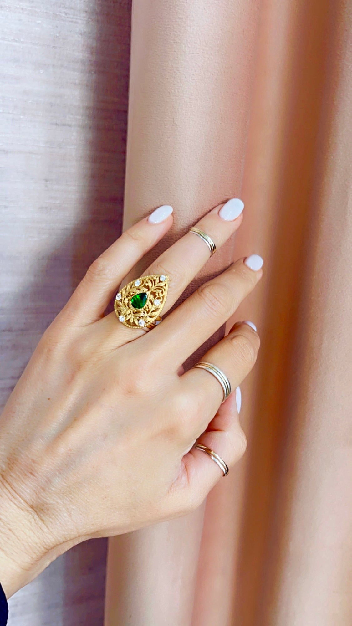Green Stone Drop Ring in Gold Plated Silver