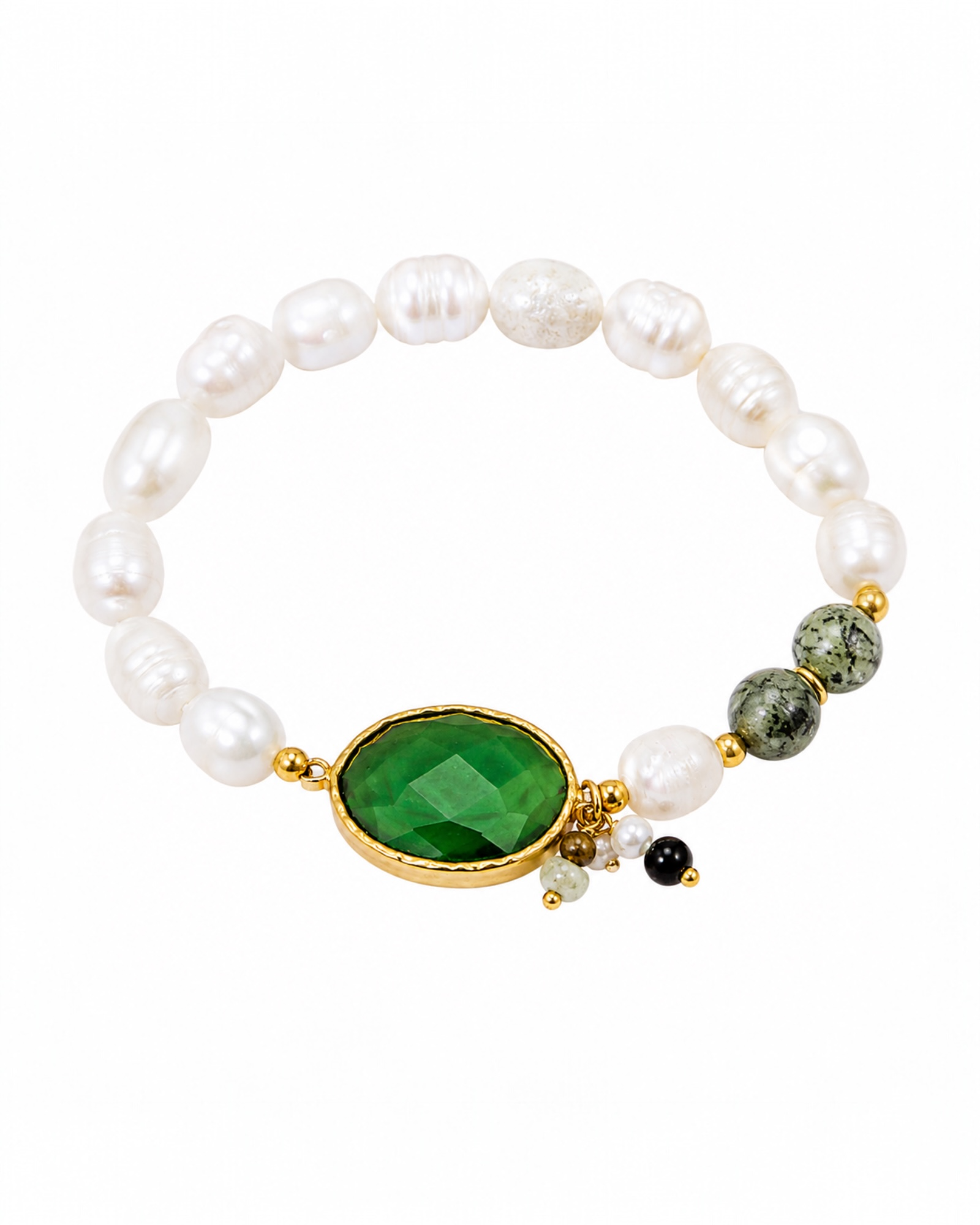 Pulseira Pérolas em Prata Dourada com Pedras em Tons Verde