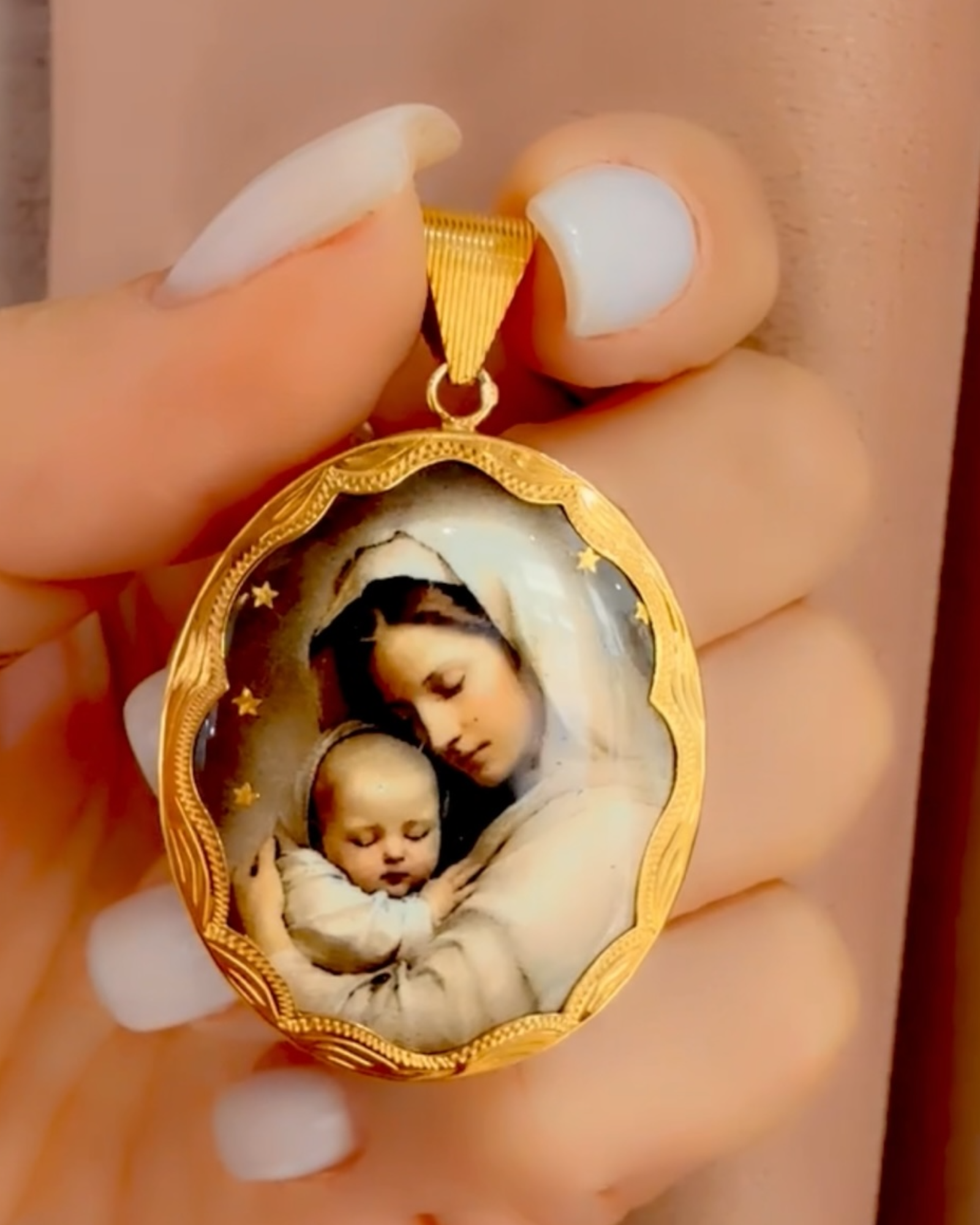 Divine Mother Medal with Light-Colored Enamel in Gold-Plated Silver