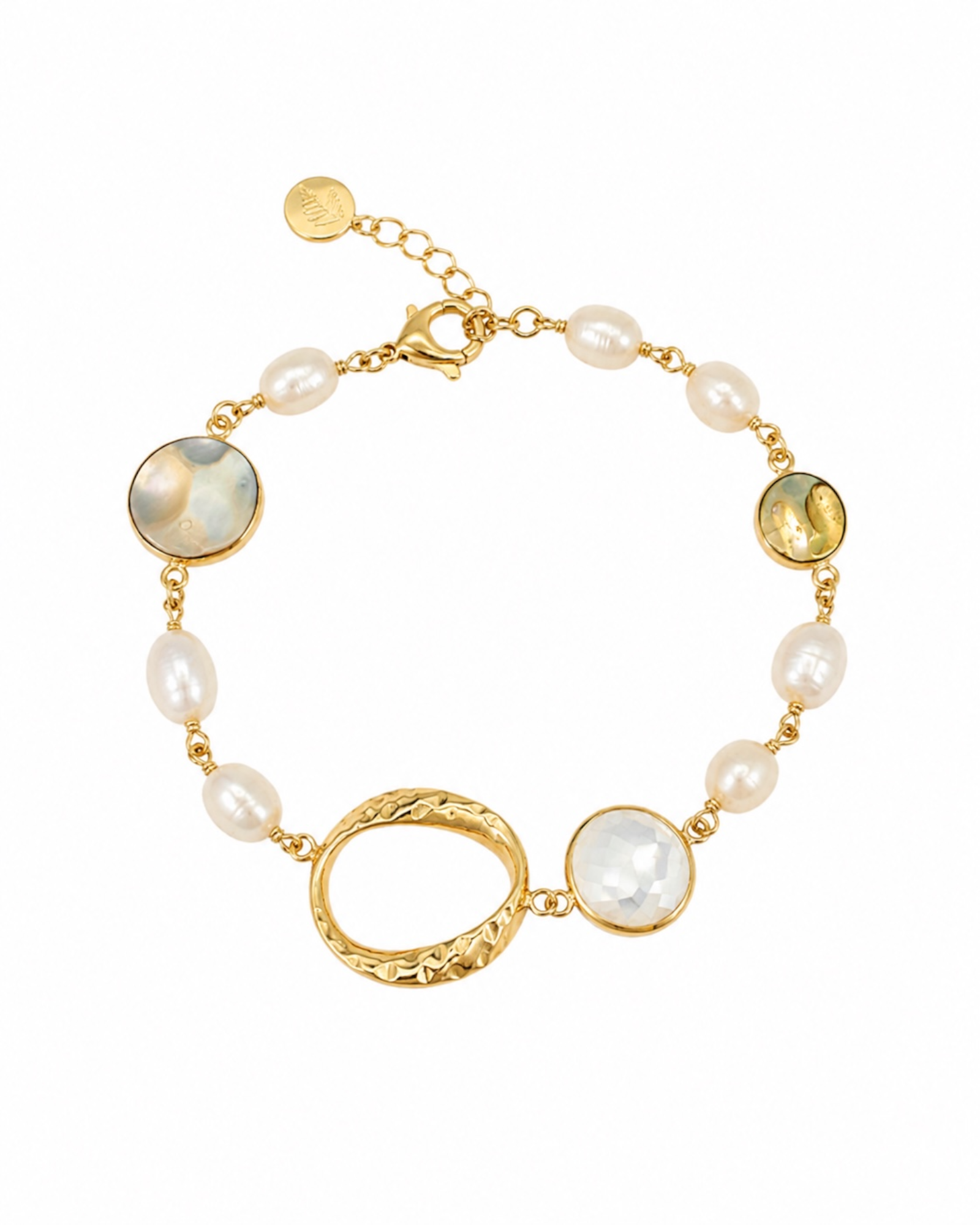 Pulseira de Pérolas com Argola em Prata Dourada e Pedra