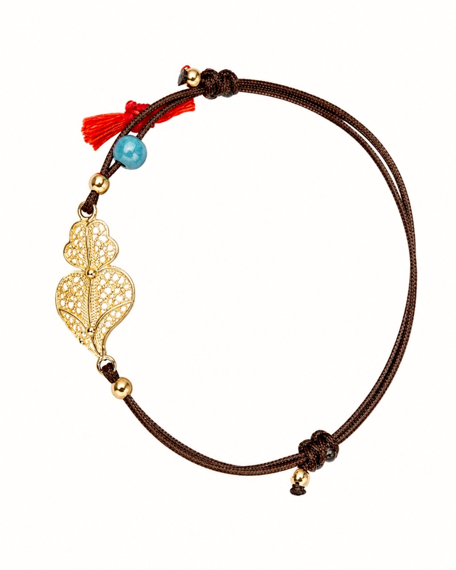 Pulseira de Seda Castanha com Coração de Viana em Prata Dourada