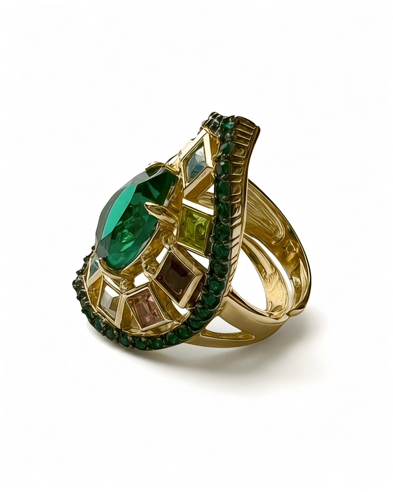 Anel Gota Pedras Verdes e Rosas em Prata Dourada