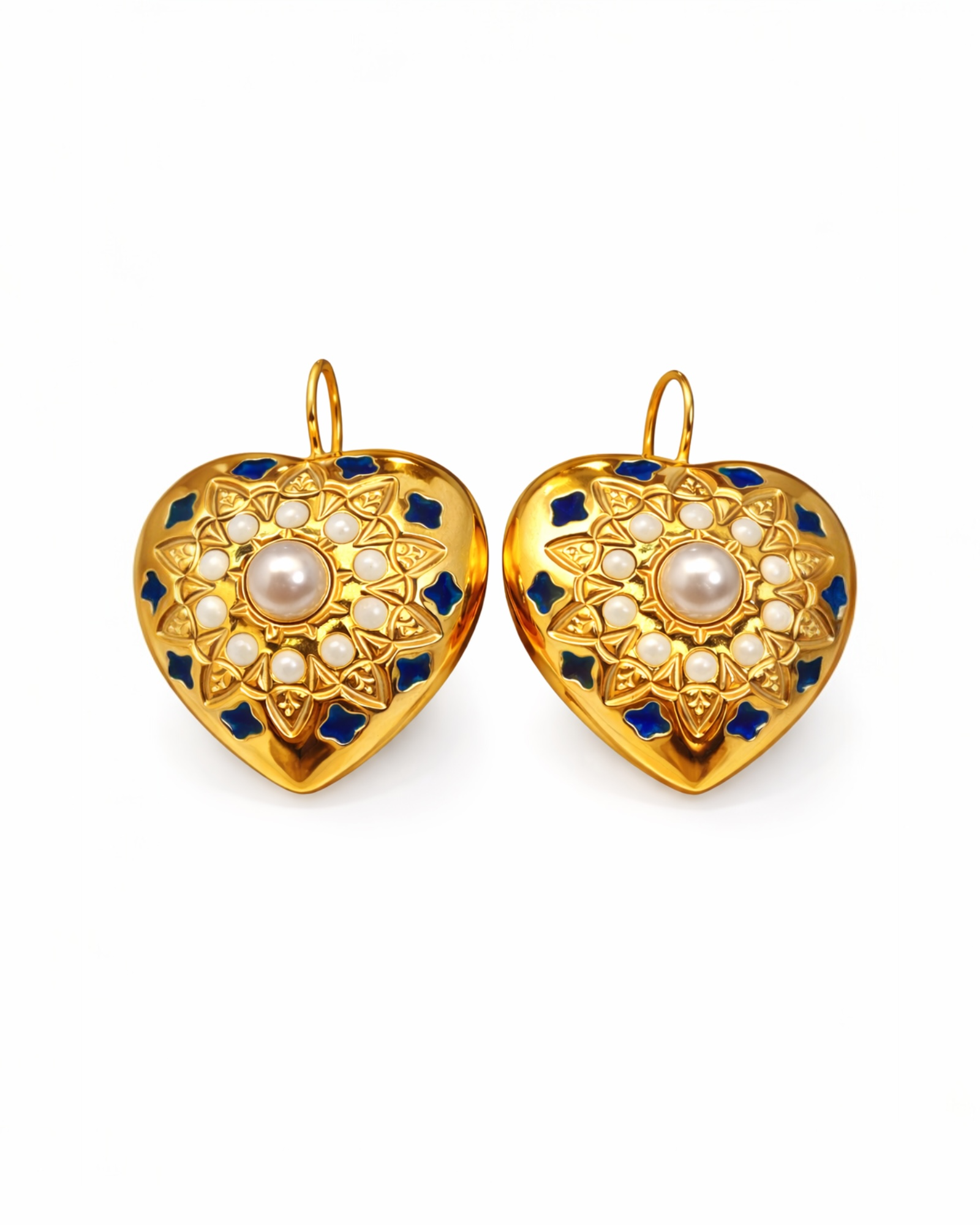 Blue Heart Earrings with Pearl in Gold-Plated Silver
