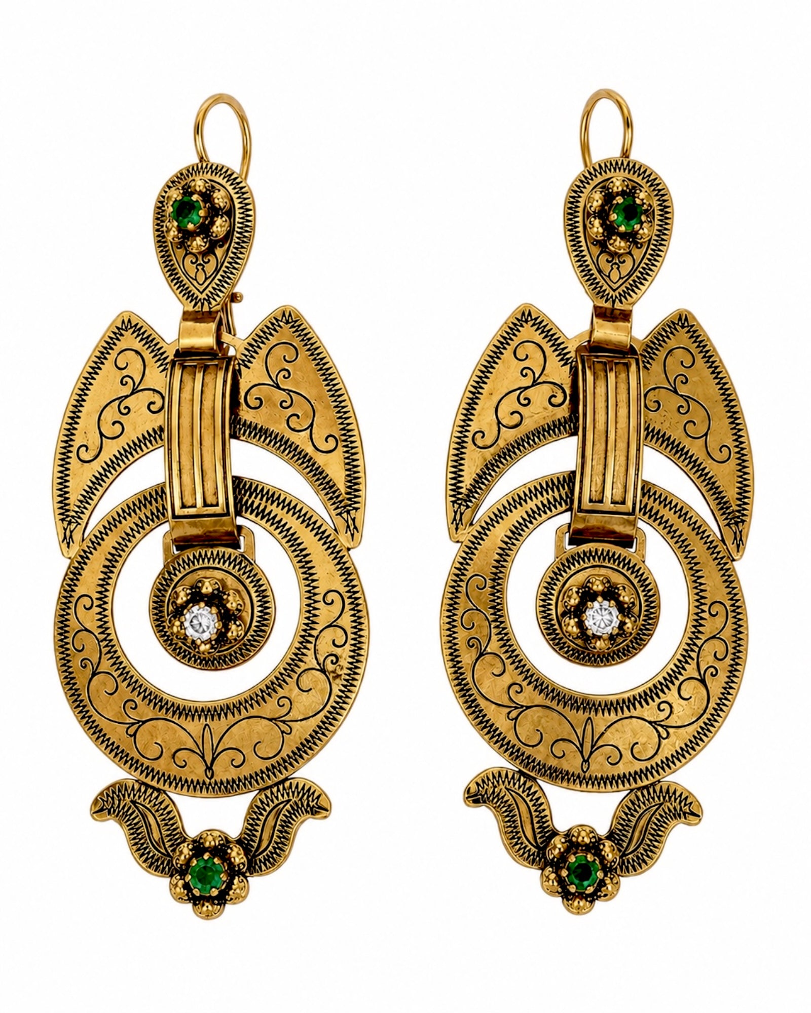 Baroque Princess Earrings in Gold-Plated Silver with Green and White Stones