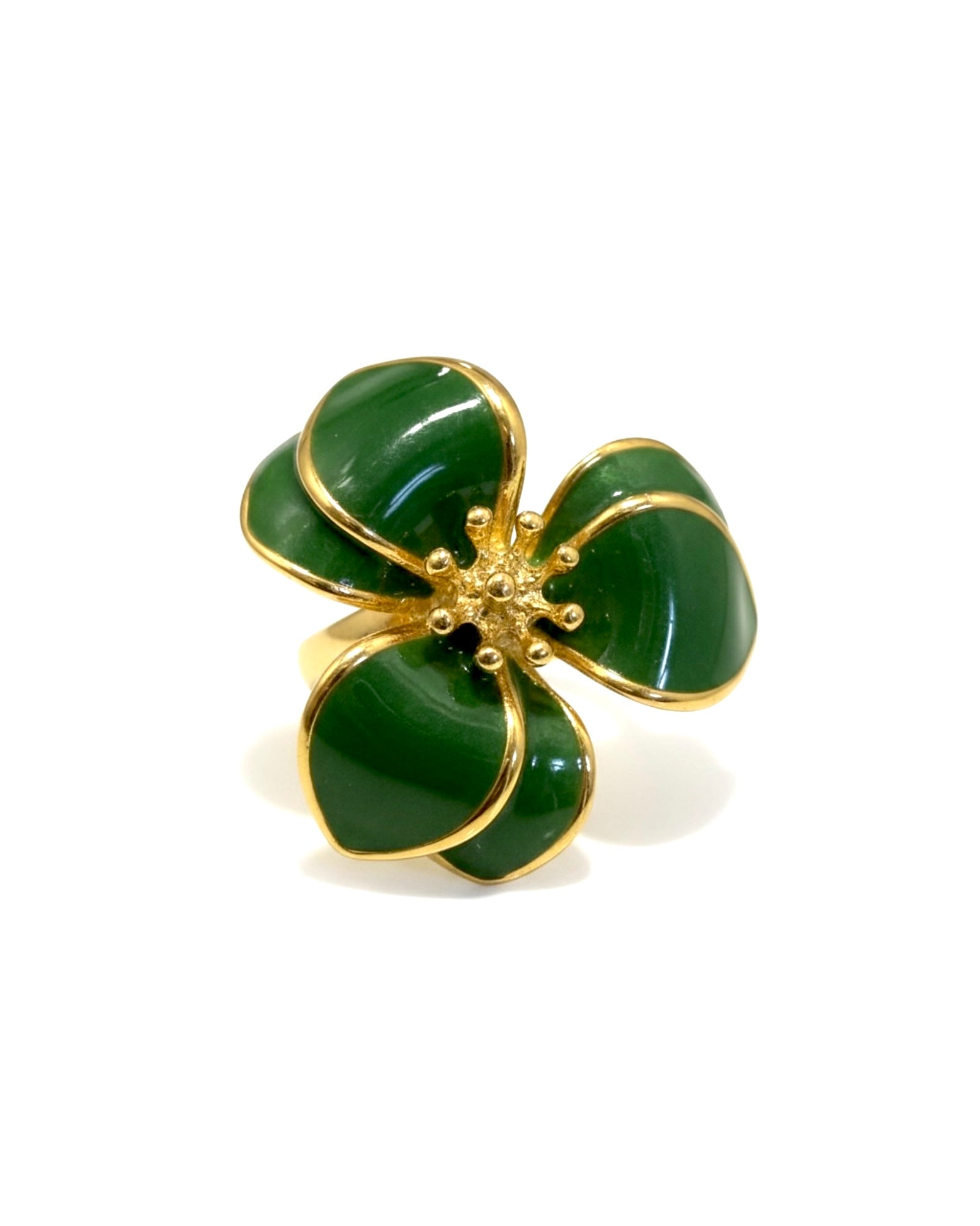 Anel Flor Pedra Verde em Prata Dourada