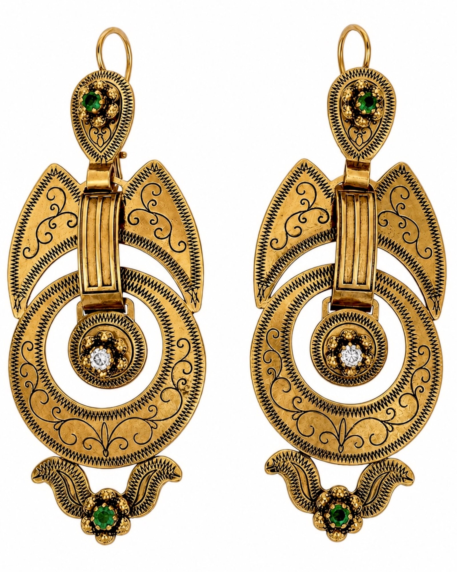 Baroque Princess Earrings in Gold-Plated Silver with Green and White Stones