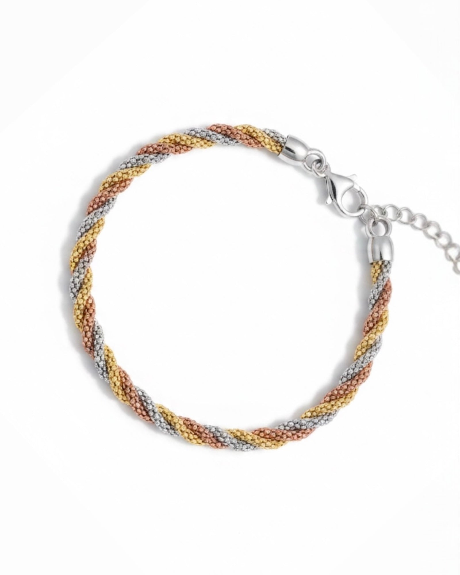 Pulseira Torcida em Prata Branca, Rosa e Dourada