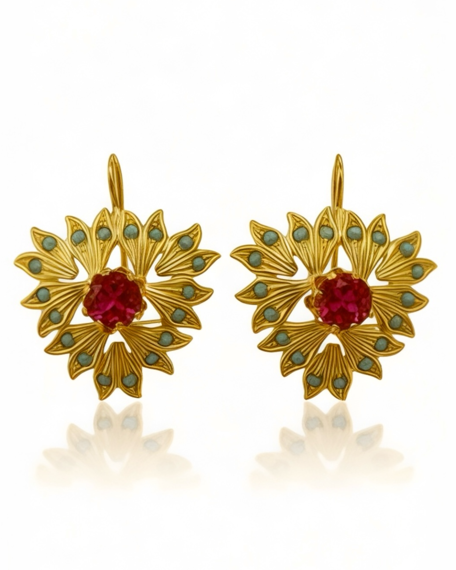 Earrings with Pink and Turquoise Stones in Gold-Plated Silver