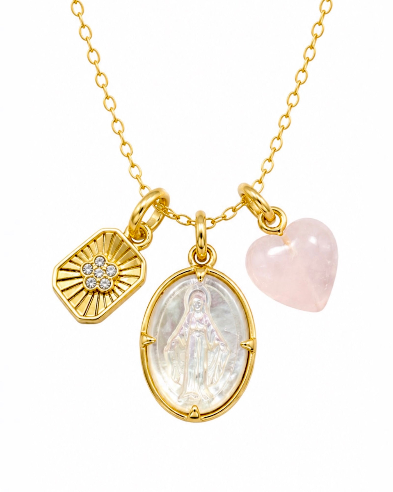 Colar Nossa Senhora Milagrosa em Madrepérola com Pedra Rosa em Prata Dourada