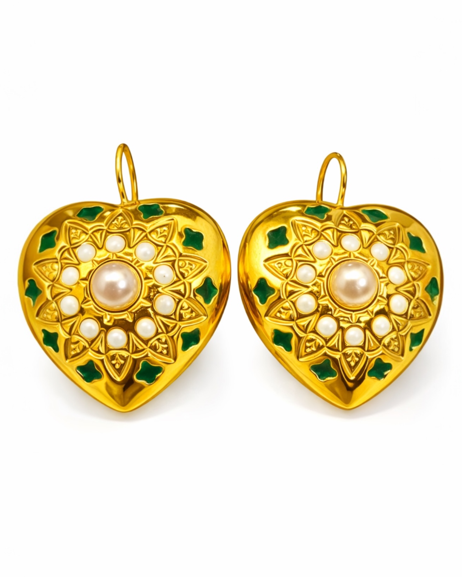 Green Heart Earrings with Pearl in Gold-Plated Silver
