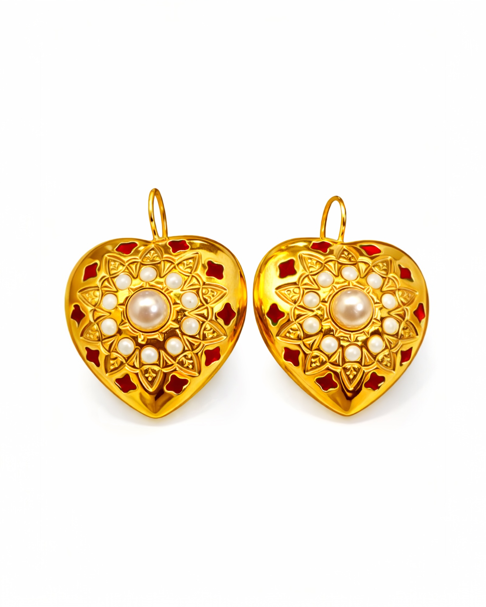 Red Heart Earrings with Pearl in Gold-Plated Silver