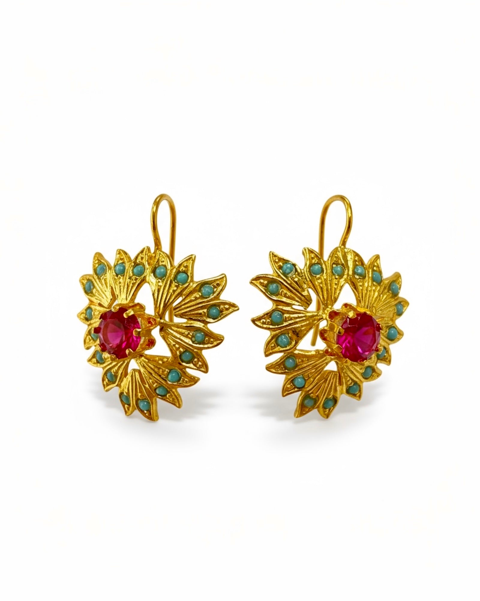 Earrings with Pink and Turquoise Stones in Gold-Plated Silver