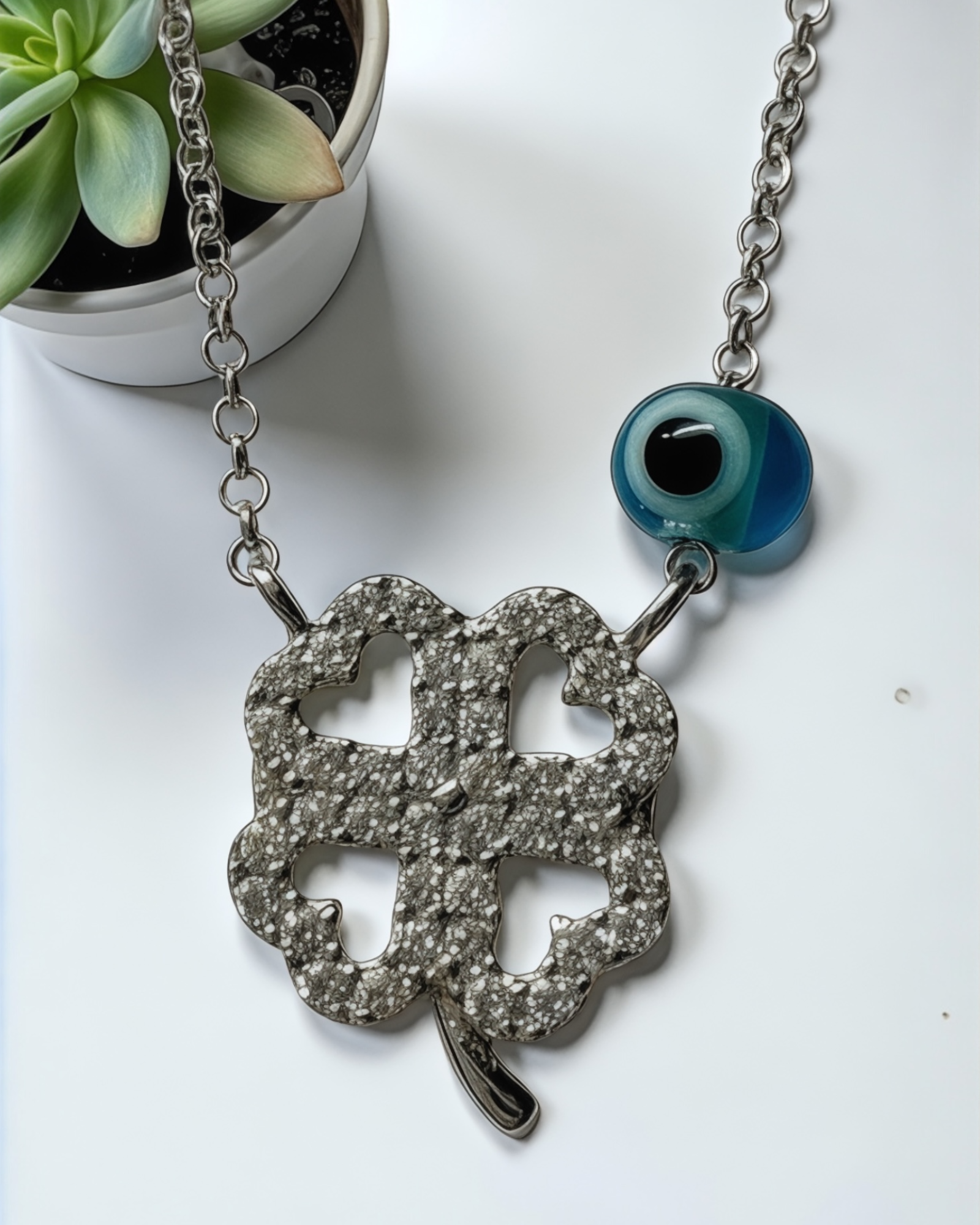 Colar Trevo e Olho da Sorte em Prata