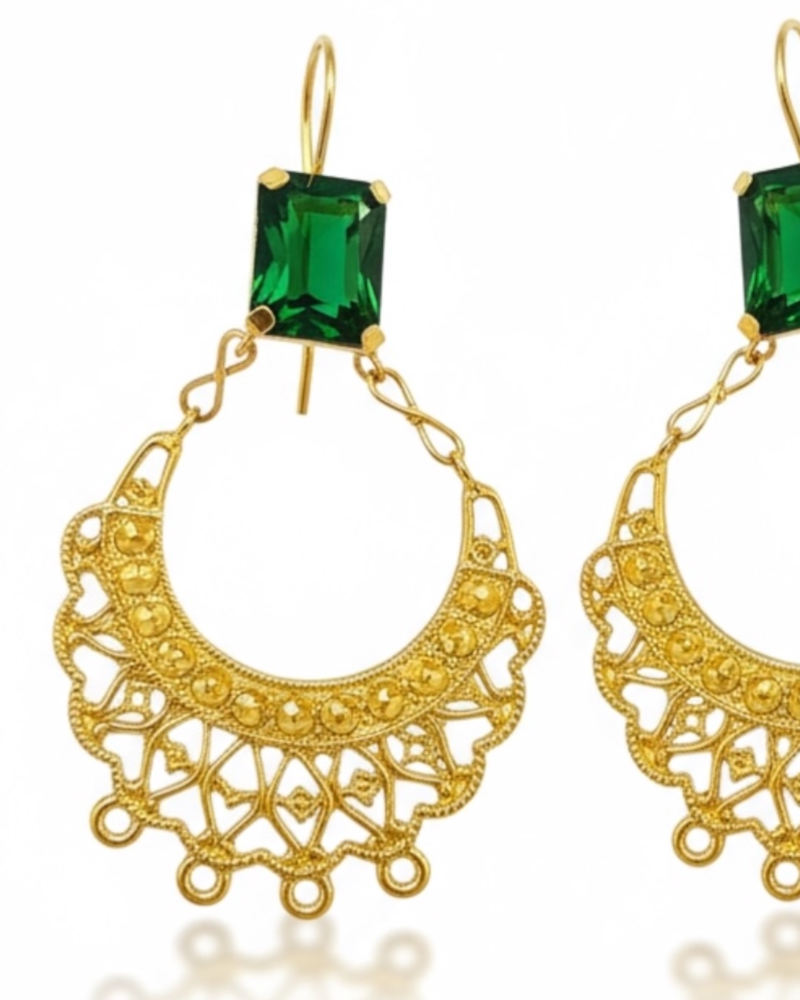 Green Filigree Earring Studs in Gold-Plated Silver