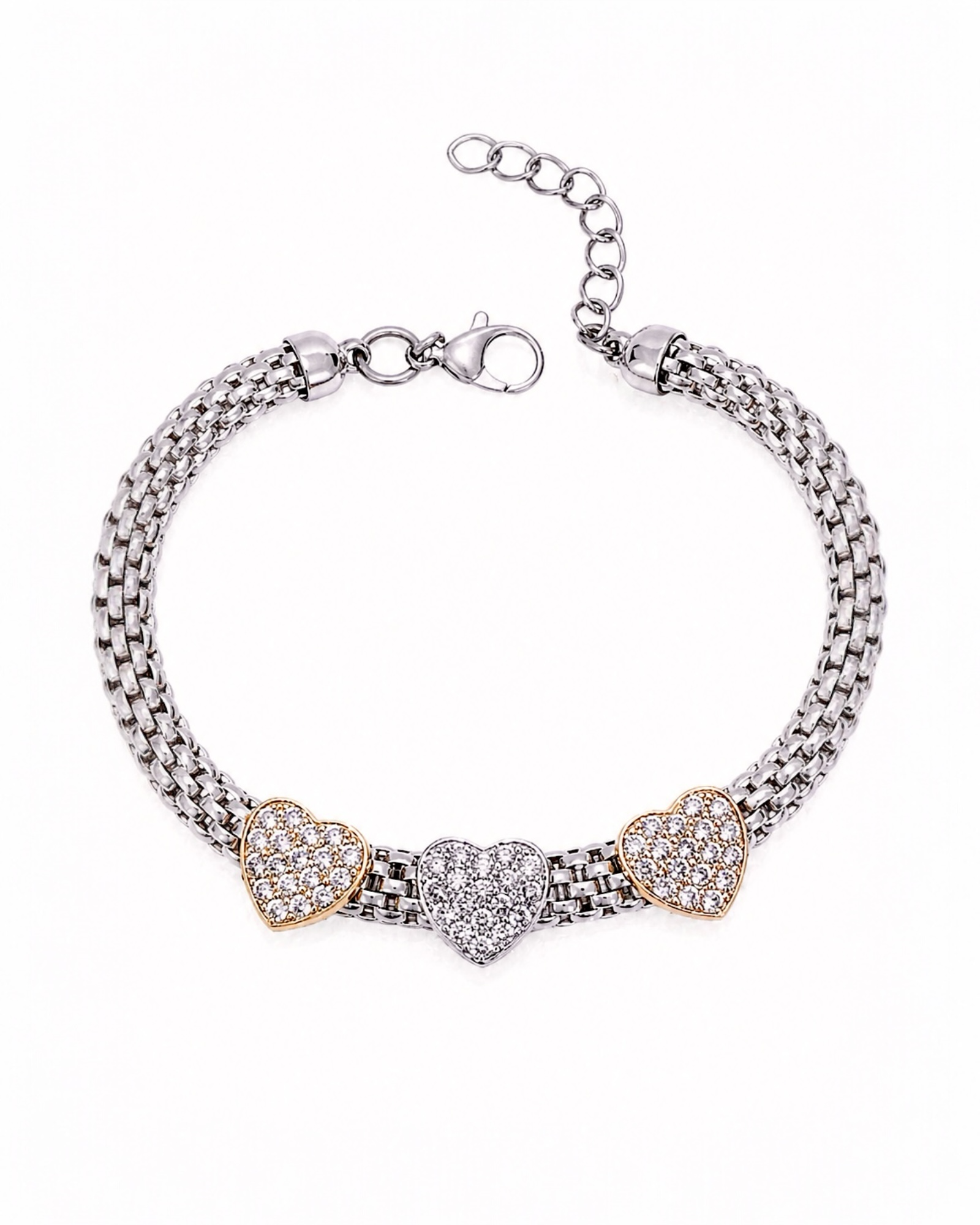 Pulseira em Prata com Corações em Prata Branca, Rosa e Dourada