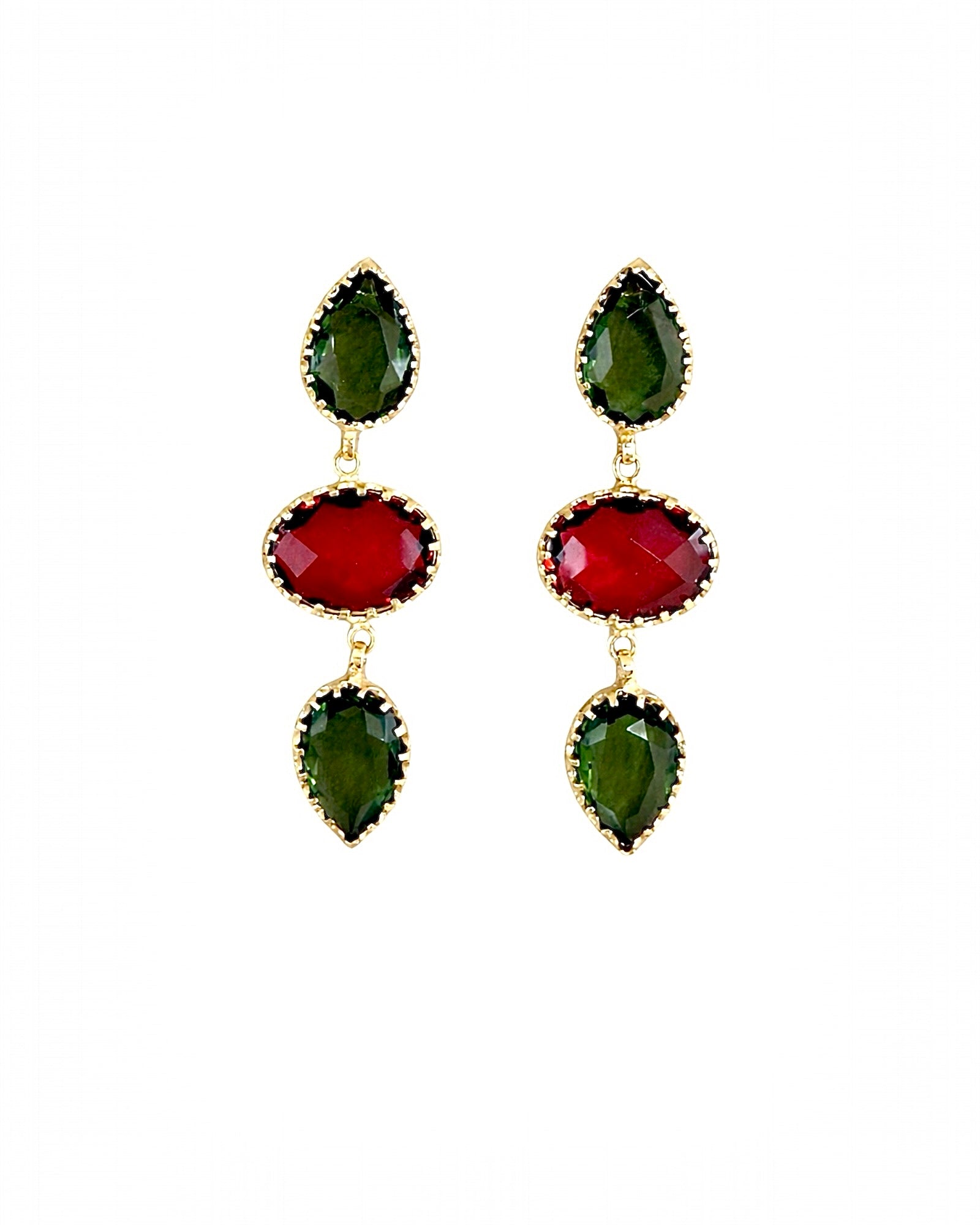 Green and Red Teardrop Earrings in Gold-Plated Silver