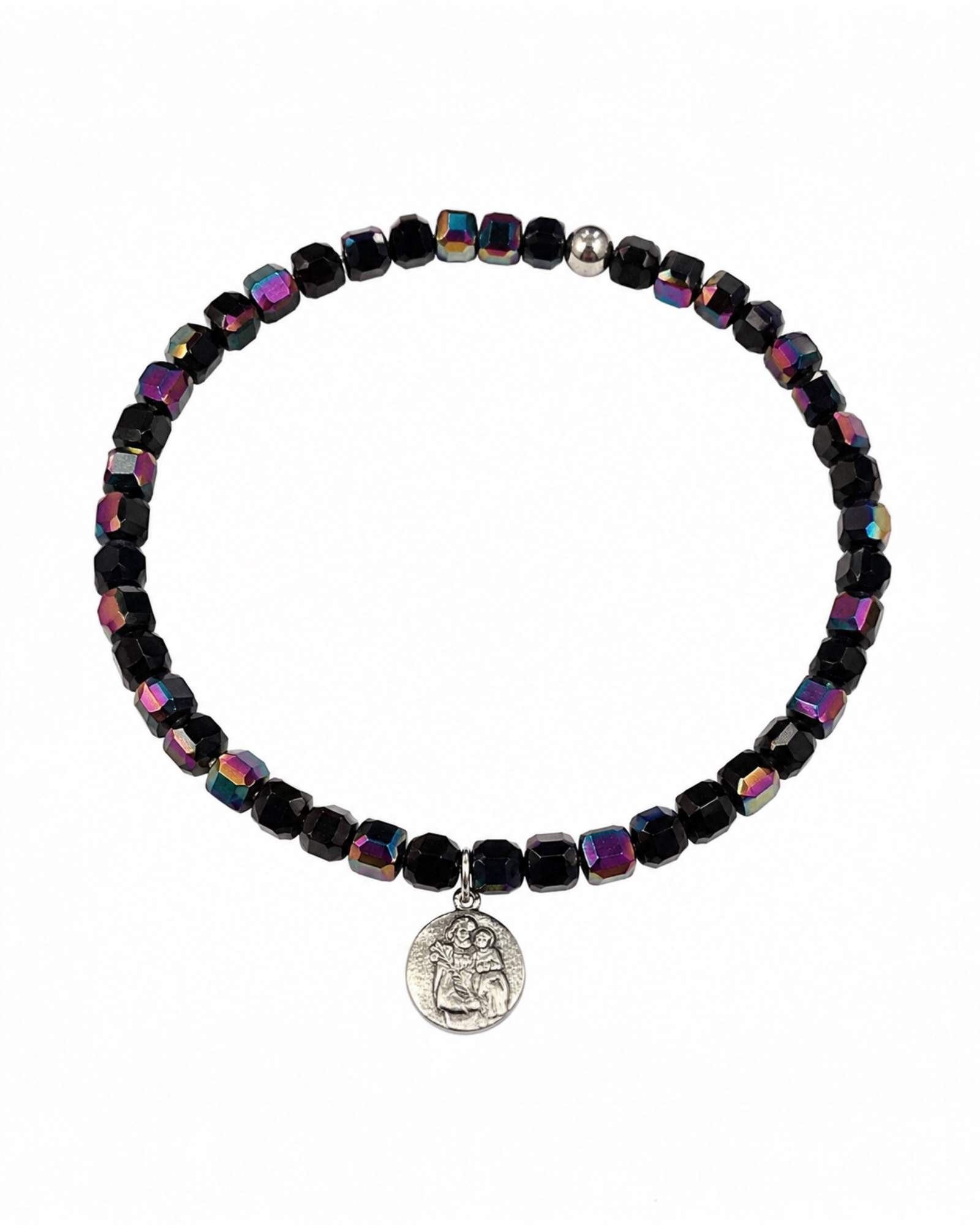 Saint Joseph bracelet with black stones in silver.