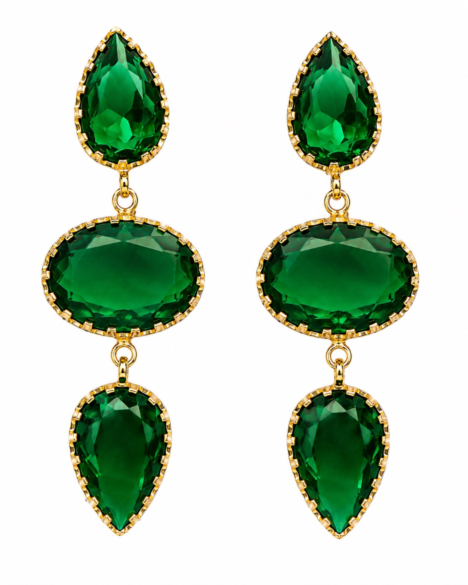Brincos Gotas Verdes em Prata Dourada