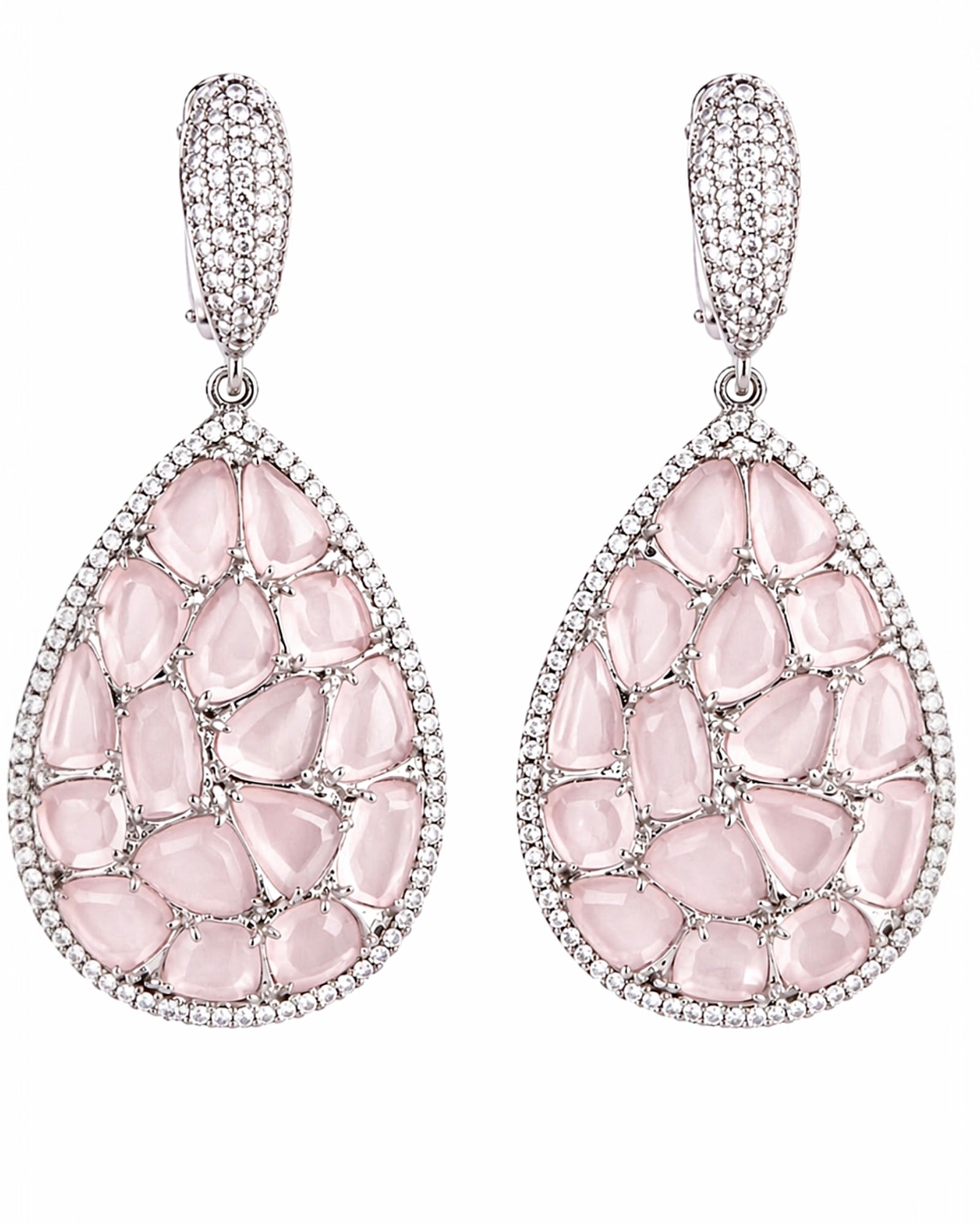 Brincos Gotas Rosa em Prata