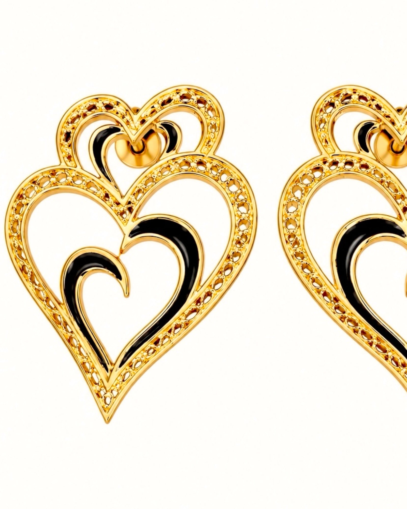 Viana Heart Earrings are Love with Black Enamel in Gold-Plated Silver