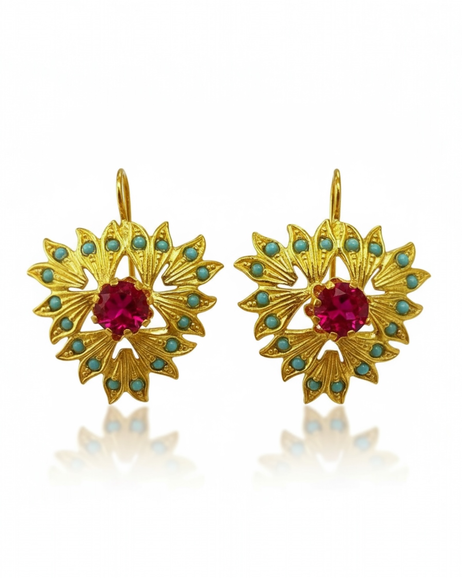 Earrings with Pink and Turquoise Stones in Gold-Plated Silver