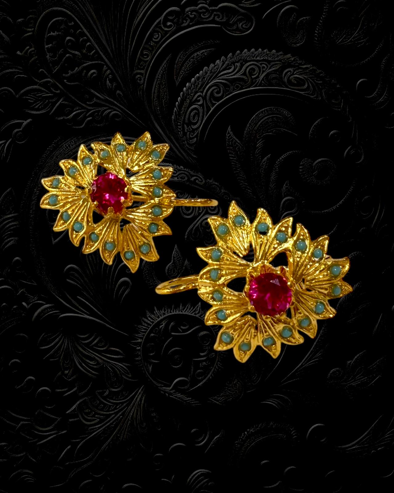 Brincos com Pedra Rosa e Turquesa em Prata Dourada