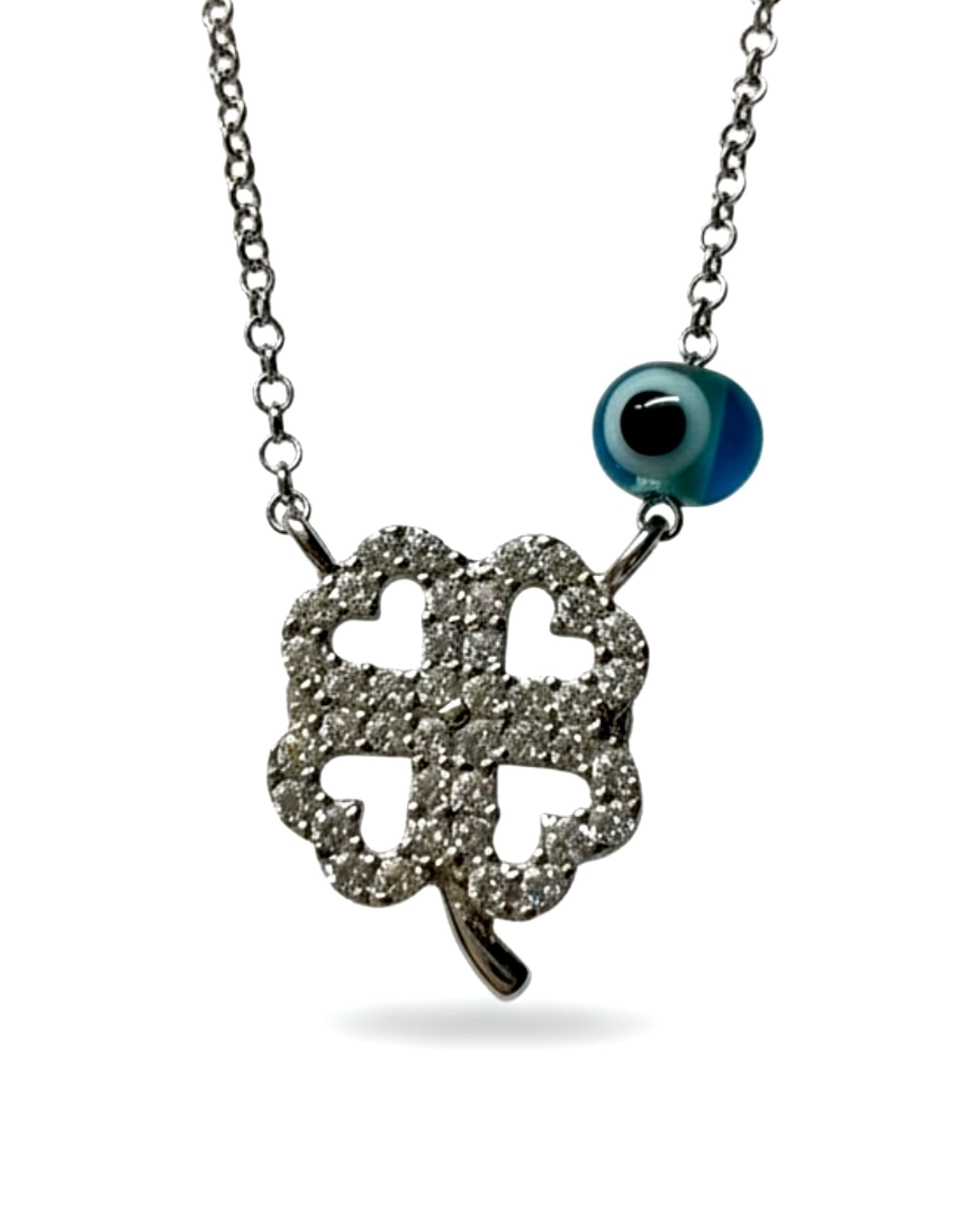 Silver Clover and Lucky Eye Necklace
